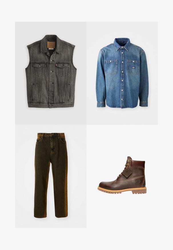 Sort falmet ærmeløs denimvest med knaplukning foran og to knappede brystlommer, lagt fladt på hvid baggrund.; Denimskjorte i mellemblå, med spidse kraver, to brystlommer og sølvknapper. Lange ærmer med knapmanchetter.; Mørkebrune lige ben denim jeans med foran knap og lynlås, bæltesløjfer samt for- og baglommer.; Brun læder ankelstøvle med rund tå, solid sål, hardware i guldtone og en tekstureret overdel. Inkluderer et logo-tagfæstet.
