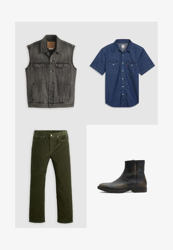 Veste en jean noire délavée sans manches avec fermeture frontale à boutons et deux poches poitrine à boutons, posée à plat sur fond blanc.; Chemise en denim à manches courtes de couleur bleu foncé, dotée de deux poches poitrine, d'une fermeture boutonnée à l'avant et d'un col avec des coutures renforcées.; Pantalons en velours côtelé vert olive à jambe droite avec bouton avant, fermeture éclair, passants de ceinture et design à cinq poches sur fond blanc.; AllSaints LANG - Bottines - brown