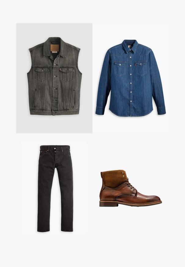 Zwarte vervaagde mouwloze spijkervest met knopen aan de voorkant en twee met knopen gesloten borstzakken, plat gelegd op een witte achtergrond.; Denim overhemd in donkerblauw met lange mouwen, puntige kraag en drukknoopsluiting. Bevat twee borstzakken met kleppen en contrasterende stiksels.; Zwarte slim-fit jeans met knoopsluiting, vijf zakken en koperen klinknagels, plat gelegd op een witte achtergrond.; Kazar ALID - Veterboots - brown