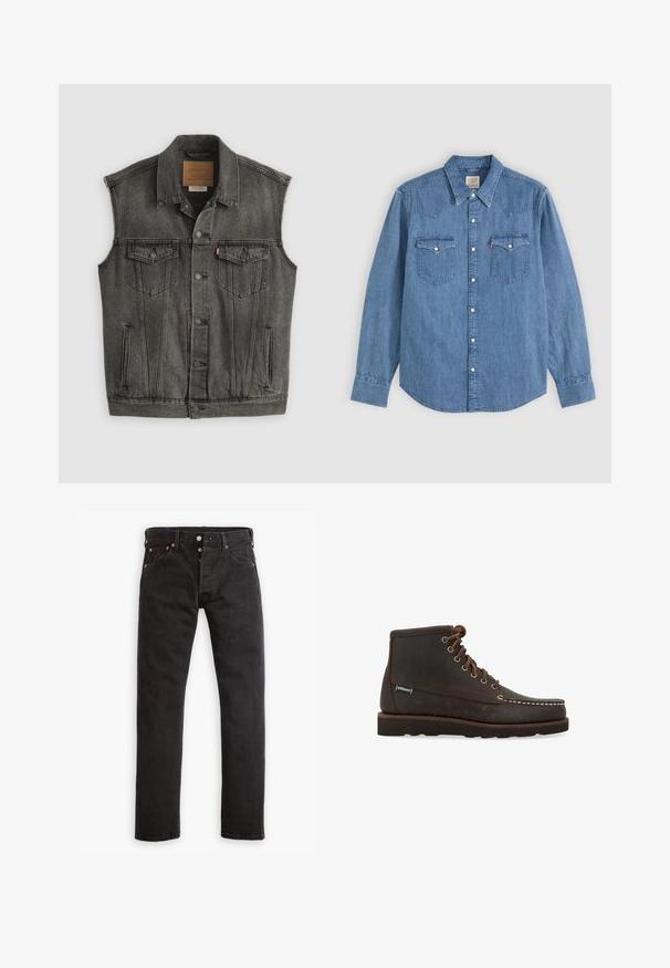 Zwarte vervaagde mouwloze spijkervest met knopen aan de voorkant en twee met knopen gesloten borstzakken, plat gelegd op een witte achtergrond.; Blauw denim overhemd met lange mouwen, met puntige kraag, knoopsluiting vooraan en twee borstzakken met knoopkleppen op een effen achtergrond.; Zwarte slim-fit jeans met knoopsluiting, vijf zakken en koperen klinknagels, plat gelegd op een witte achtergrond.; Sebago Veterboots - marrone