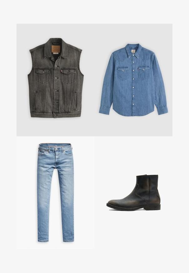 Sort falmet ærmeløs denimvest med knaplukning foran og to knappede brystlommer, lagt fladt på hvid baggrund.; Langærmet blå denimskjorte med spids krave, knappet front og to brystlommer med knapklapper på ensfarvet baggrund.; Lyseblå denimbukser, lige pasform, fem-lomme design, med lynlås og knaplukning. Glat tekstur med subtile falmede detaljer.; AllSaints LANG - Støvletter - brown