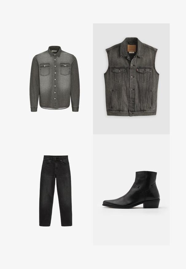 Sort falmet ærmeløs denimvest med knaplukning foran og to knappede brystlommer, lagt fladt på hvid baggrund.; Grå denimskjorte med button-down krave, lange ærmer, to brystlommer og sølvhardware detaljer. Aftagende gradient design.; Sorte jeans med høj talje og lige ben, med forlommer, bæltestropper og en lukning med knap og lynlås.; Sort læder ankelstøvle med spids tå, minimale syninger, en mellem-høj blokhælt og en glat, poleret finish.