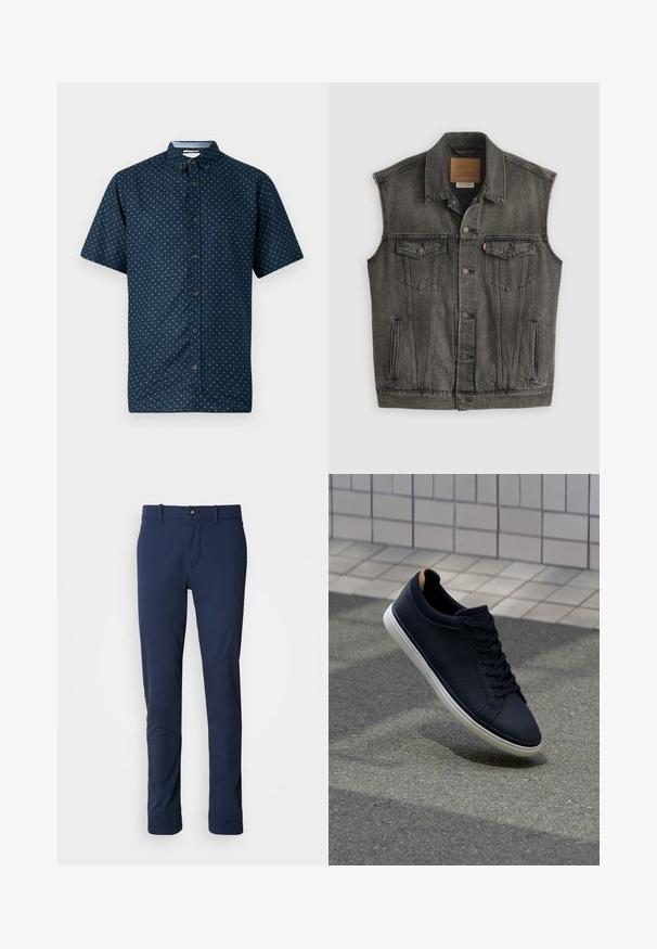 Sort falmet ærmeløs denimvest med knaplukning foran og to knappede brystlommer, lagt fladt på hvid baggrund.; Korte ærmer navy knap-op skjorte med et lille hvidt bladmønster, krave og mørke knapper. Fremstillet af letvægtsstof, glat tekstur.; Mørkeblå bukser lavet af glat stof, med design i lige ben, lynlås i front og en enkelt forlommmepose med knaplukning.; Marineblå læder sneakers med textured finish, hvid gummisål og brun detalje ved hælen. Har flade snørebånd og et strømlinet design.