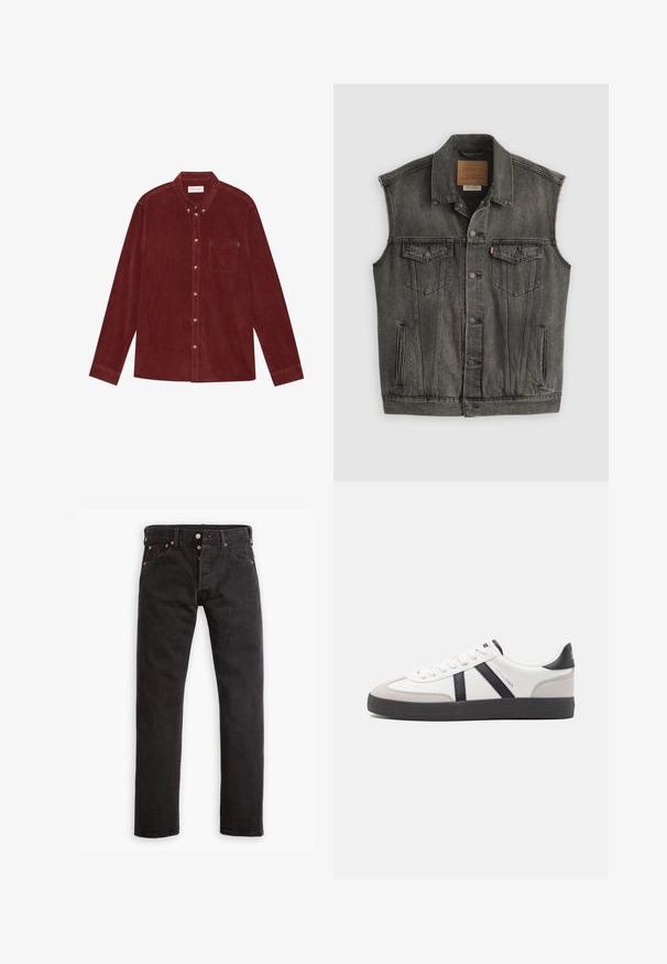 Veste en jean noire délavée sans manches avec fermeture frontale à boutons et deux poches poitrine à boutons, posée à plat sur fond blanc.; Chemise en velours côtelé rouge avec un col boutonné, des manches longues, une poche avant et des boutons dorés. Tissu texturé.; Jean slim noir avec patte de boutonnage, cinq poches et rivets en cuivre, à plat sur fond blanc.; Baskets blanches avec des accents noirs et gris, présentant un embout texturé gris, une semelle en caoutchouc noir et des lacets plats blancs. Design épuré, style minimaliste.