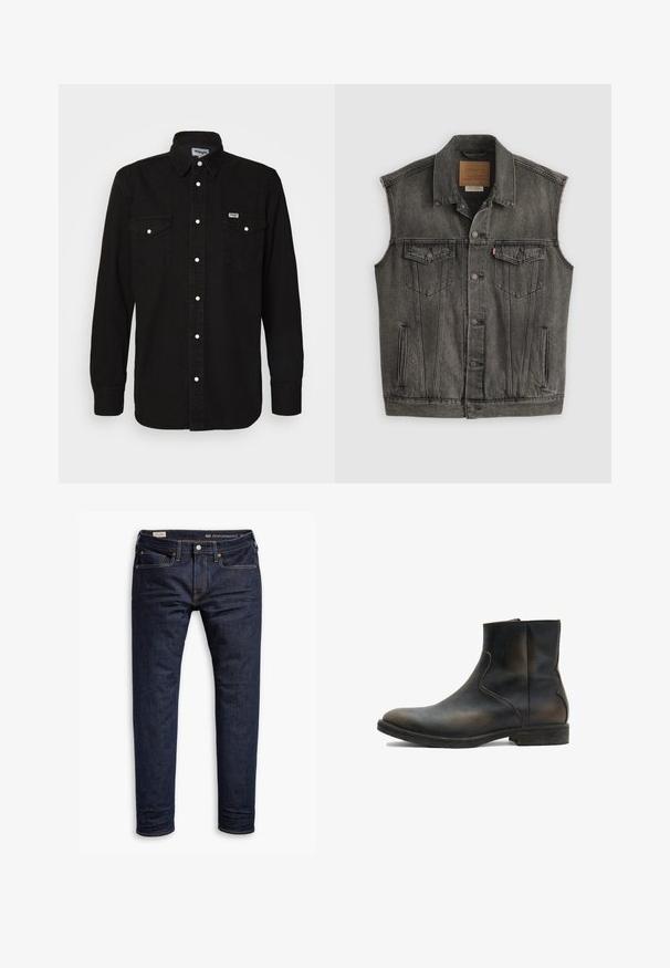 Schwarz ausgewaschene ärmellose Jeansweste mit Knopfleiste vorne und zwei aufgesetzten Brusttaschen mit Knöpfen, flach auf weißem Hintergrund liegend.; Schwarzes Button-Up-Hemd mit spitzem Kragen, zwei Brusttaschen, weißen Druckknöpfen und strukturiertem Stoff. Wrangler-Logo auf der linken Brust.; Dunkelblaue Denim-Jeans mit schmaler Passform, orangefarbenen Nähten, Fünf-Taschen-Design und Metallbeschlägen. Glatte Textur, keine Muster.; AllSaints LANG - Stiefelette - brown