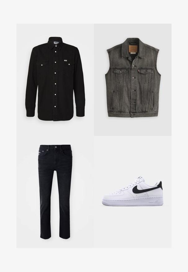 Schwarz ausgewaschene ärmellose Jeansweste mit Knopfleiste vorne und zwei aufgesetzten Brusttaschen mit Knöpfen, flach auf weißem Hintergrund liegend.; Schwarzes Button-Up-Hemd mit spitzem Kragen, zwei Brusttaschen, weißen Druckknöpfen und strukturiertem Stoff. Wrangler-Logo auf der linken Brust.; Schwarze Denim-Jeans mit geradem Bein, ausgestattet mit fünf Taschen, einem Reißverschluss und Metallbeschlägen sowie einer glatten Textur.; Weißes Leder-Sneaker mit einem strukturierten schwarzen Swoosh, flachen Schnürsenkeln und einer Gummisohle mit genoppetem Muster. "AIR" ist auf der Ferse eingeprägt.
