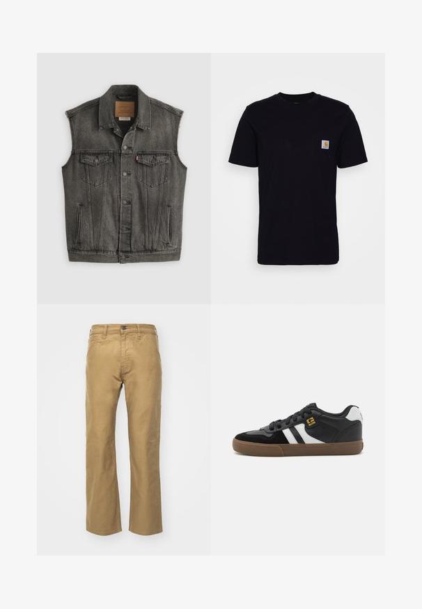 Schwarz ausgewaschene ärmellose Jeansweste mit Knopfleiste vorne und zwei aufgesetzten Brusttaschen mit Knöpfen, flach auf weißem Hintergrund liegend.; Schwarzes Baumwoll-T-Shirt mit kurzen Ärmeln, rundem Hals und einer Brusttasche, die mit einem kleinen, quadratischen Logo-Patch versehen ist. Einfaches, einfarbiges Design.; Khakihosen aus Baumwolle. Gerader Schnitt mit einem Bund und Fronttaschen. Verfügt über eine einzelne Gesäßtasche und subtile Nähdetails.; Schwarz-weiße Sneakers mit einem Obermaterial aus Wildleder und Leder, ausgestattet mit weißen Streifen, schwarzen Schnürsenkeln und einer braunen Gummisohle. Mit goldenen Logo-Akzenten.