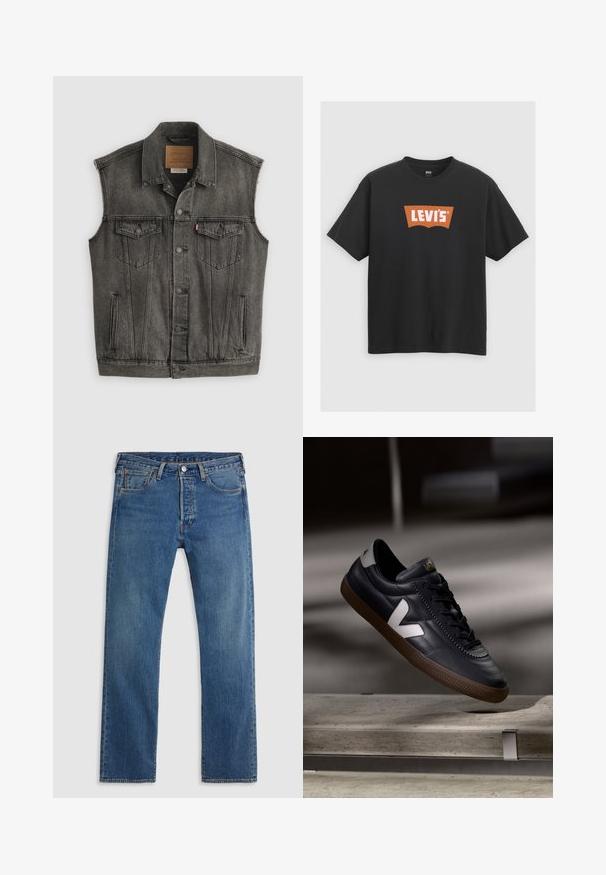 Sort falmet ærmeløs denimvest med knaplukning foran og to knappede brystlommer, lagt fladt på hvid baggrund.; Sort bomulds t-shirt med et stort orange Levi's logo på forsiden, korte ærmer og rund halskrave.; Blå straight-leg denimjeans med fem lommer, bæltestropper og lukning med knap og lynlås foran på en ensfarvet baggrund.; Sort lædersneaker med hvid V-logo, snørebånd foran, perforerede detaljer og brunt gummisål; slankt design med minimale accenter.