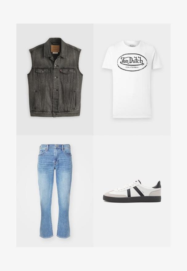 Schwarz ausgewaschene ärmellose Jeansweste mit Knopfleiste vorne und zwei aufgesetzten Brusttaschen mit Knöpfen, flach auf weißem Hintergrund liegend.; Weißes T-Shirt mit kurzen Ärmeln und einem verwaschenen schwarzen Oval-Logo mit der Aufschrift "Von Dutch" und "California" in der Mitte der Brust.; Hellblaues Denim-Jeans mit geradem Schnitt, ausgestellten Beinöffnungen, Fünf-Taschen-Design und subtiler Abnutzung an den Knien und Oberschenkeln.; Weiße Sneaker mit schwarz- und grau-aczenten, ausgestattet mit einer strukturierten grauen Zehenkappe, schwarzer Gummi-Sohle und flachen weißen Schnürsenkeln. Sauberes Design, minimalistische Stil.