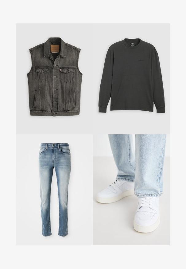 Veste en jean noire délavée sans manches avec fermeture frontale à boutons et deux poches poitrine à boutons, posée à plat sur fond blanc.; T-shirt à manches longues en coton gris foncé, doté d'un col rond et d'une texture douce, avec un logo discret imprimé sur le devant.; Jeans en denim bleu clair avec un design classique à cinq poches, une décoloration subtile et une coupe droite. Comprend une fermeture à bouton et des passants de ceinture.; Baskets basses en cuir blanc avec un bout perforé, des lacets plats et un design minimaliste. Associées à un jean en denim bleu clair.