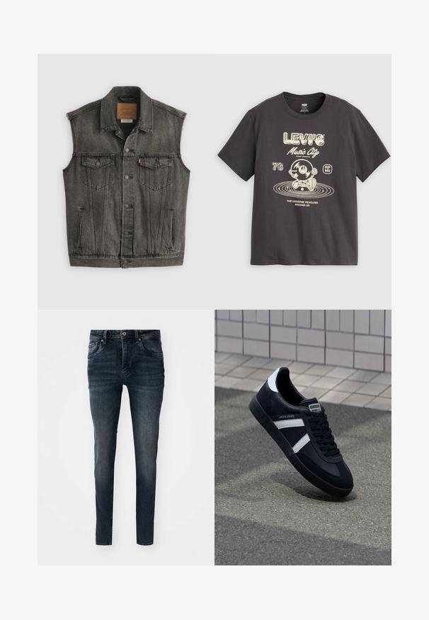 Schwarz ausgewaschene ärmellose Jeansweste mit Knopfleiste vorne und zwei aufgesetzten Brusttaschen mit Knöpfen, flach auf weißem Hintergrund liegend.; Dunkelgraues Levi's T-Shirt mit beige farbiger Grafik einer laufenden Vinyl-Schallplatte, Text "Music City," "73," und "The universe revolves around us."; Dunkelblaue Jeans aus Denim mit schlanker Passform, fünf Taschen, geraden Beinen und Kontrastnähten, mit einem Knopf- und Reißverschluss.; Schwarze Leder-Sneaker mit weißen Streifen, strukturiertem Gummisohle und Schnürung. Verfügt über ein Markenetikett auf der Zunge.