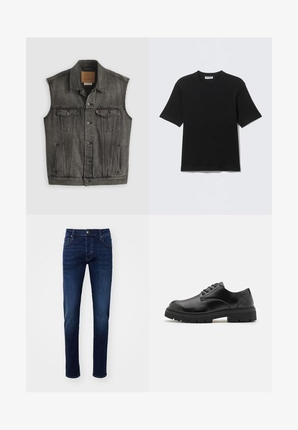 Schwarz ausgewaschene ärmellose Jeansweste mit Knopfleiste vorne und zwei aufgesetzten Brusttaschen mit Knöpfen, flach auf weißem Hintergrund liegend.; Schwarzes T-Shirt mit kurzen Ärmeln und Rundhalsausschnitt, mit einem "WEEKDAY"-Etikett innen am Kragen, flach auf einem hellen Hintergrund liegend dargestellt.; Dunkelblaue Slim-Fit Denim-Jeans mit Knopf vorne, Taschen, Gürtelschlaufen und dezenten Ausbleichungen an den Beinen.; Schwarze Lederschuhe mit runder Zehenform, Schnürdesign und einer dicken, strukturierten Gummisohle. Sie verfügen über eine Naht entlang des Randes und haben eine glatte Oberfläche.