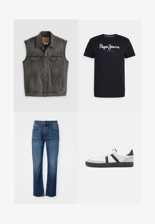 Zwarte vervaagde mouwloze spijkervest met knopen aan de voorkant en twee met knopen gesloten borstzakken, plat gelegd op een witte achtergrond.; Zwart katoenen T-shirt met een witte scriptlogo "Pepe Jeans" en een blauwe accent, ronde hals en korte mouwen. Eenvoudig, solide ontwerp.; Blauwe denim jeans met een rechte pijpdesign, voorzien van vijf zakken, een knoopsluiting en contrasterende gele stiksels. Gladde textuur.; Witte sneaker met zwarte en grijze accenten, voorzien van een grijze neus met textuur, zwarte rubberen zool en platte witte veters. Schoon ontwerp, minimalistische stijl.
