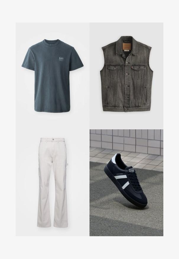 Schwarz ausgewaschene ärmellose Jeansweste mit Knopfleiste vorne und zwei aufgesetzten Brusttaschen mit Knöpfen, flach auf weißem Hintergrund liegend.; Dunkelgraues Baumwoll-T-Shirt mit Rundhalsausschnitt, kurzen Ärmeln und einem kleinen aufgedruckten Logo auf der linken Seite. Klassische Passform mit geradem Saum.; Helle graue Cargo-Hosen mit geradem Bein-Design, ausgestattet mit Seitentaschen und einem Knopfverschluss. Hergestellt aus robustem, strukturiertem Stoff.; Schwarze Leder-Sneaker mit weißen Streifen, strukturiertem Gummisohle und Schnürung. Verfügt über ein Markenetikett auf der Zunge.