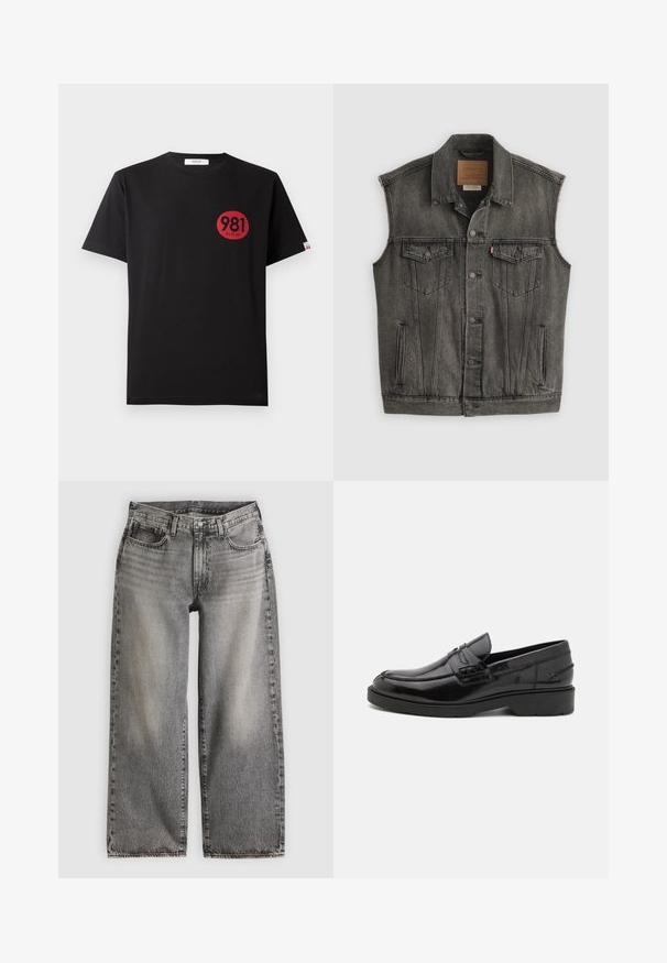 Sort falmet ærmeløs denimvest med knaplukning foran og to knappede brystlommer, lagt fladt på hvid baggrund.; Sort bomulds T-shirt med korte ærmer, der har et rødt cirkulært print, som inkluderer tallene "981" og ordet "REPLAY."; Vidbenede jeans i falmet sort denim, med høj talje, fem lommer og diskrete syningsdetaljer langs sømmene.; Sorte læder loafers med en glat finish, rund tå, lav hæl og dekorativ syning langs forsiden. Gummisål for godt greb.