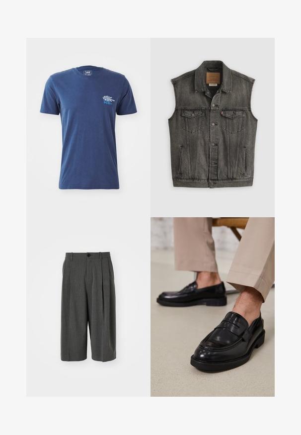 Sort falmet ærmeløs denimvest med knaplukning foran og to knappede brystlommer, lagt fladt på hvid baggrund.; Marineblå bomulds t-shirt med korte ærmer, rund halsudskæring og et grafisk design af en hånd samt tekst på venstre brystområde.; Grå stribede shorts med vid benvidde, knaplukning og plisseret forside. Fremstillet af et tekstureret materiale, der har et skræddersyet design.; Sorte lædermokkasiner med en glat overflade, der har en dekorativ rem og kontraststing, parret med beige bukser.
