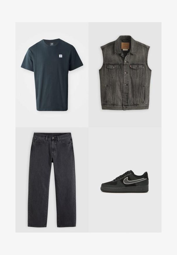 Chaleco vaquero sin mangas negro descolorido con cierre frontal de botones y dos bolsillos en el pecho con botones, colocado plano sobre fondo blanco.; Camiseta de algodón gris oscuro con un diseño de cuello redondo. Incluye una pequeña etiqueta rectangular azul y blanca en el lado izquierdo del pecho.; Vaqueros con rayas verticales negras, corte recto, confeccionados en denim, con cierre frontal de botones y cinco bolsillos.; Zapatilla Nike Air Force 1 en ante y cuero negro, con un swoosh plateado, puntera redonda, diseño con cordones y suela exterior de goma texturizada.
