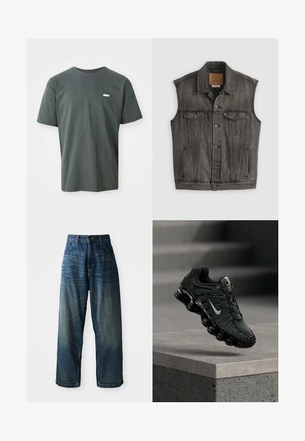 Sort falmet ærmeløs denimvest med knaplukning foran og to knappede brystlommer, lagt fladt på hvid baggrund.; Mørkegrøn bomulds t-shirt med korte ærmer, rund hals, der har et lille hvidt "OBEY" logo på venstre brystområde.; Bredde ben blå denimjeans med en falmet finish. Har fem lommer, knaplukning og kontrasterende syninger. Tyk stof.; Sort og mørkegrå Nike løbesko med hvid swoosh-logo, svævende over en betonafdækning med trapper i baggrunden.