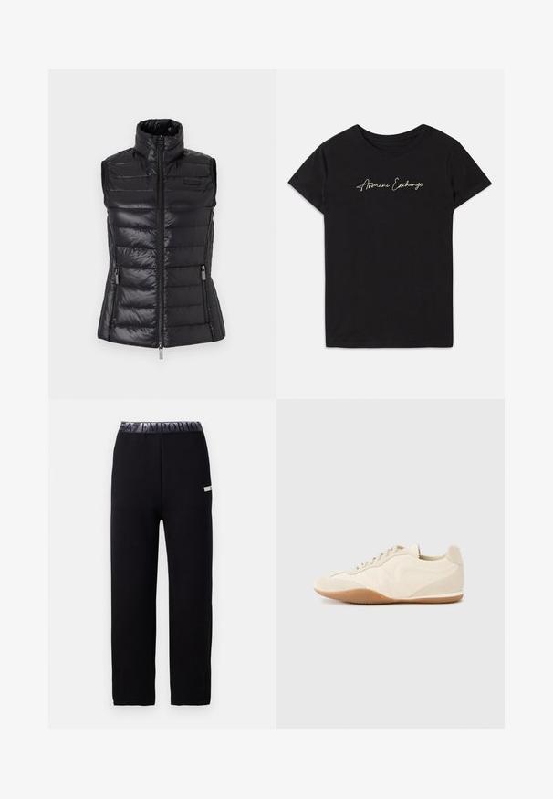 Chaleco acolchado negro con cuello alto, diseño de costuras horizontales, cierre de cremallera y bolsillos laterales. Fabricado en material brillante y liviano.; Camiseta de algodón negra con mangas cortas y cuello redondo, adornada con un logo en cursiva "Armani Exchange" en blanco.; Pantalones de chándal negros con una textura suave y elegante, que presentan una cinturilla elástica con un logotipo y un detalle lateral. Diseño de pierna recta.; Zapatillas deportivas color beige claro con parte superior de cuero texturizado, paneles laterales texturizados y suela de goma. Presentan un diseño elegante y estilizado con cordones planos.