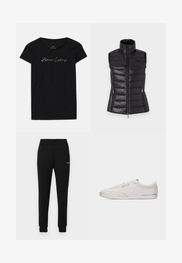 Chaleco acolchado negro con cuello alto, diseño de costuras horizontales, cierre de cremallera y bolsillos laterales. Fabricado en material brillante y liviano.; Camiseta de manga corta negra hecha de algodón, con un logo en escritura "Armani Exchange" en embellishments dorados en el pecho.; Pantalones deportivos negros ajustados con cintura y puños elásticos, con un pequeño logo dorado "Armani Exchange" en el muslo derecho.; Zapatilla de perfil bajo blanca y beige con cordones, detalles en cuero liso y ante, con un pequeño logo de Michael Kors en el lateral.