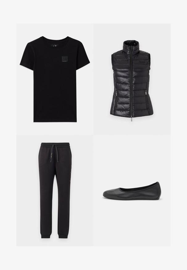 Chaleco acolchado negro con cuello alto, diseño de costuras horizontales, cierre de cremallera y bolsillos laterales. Fabricado en material brillante y liviano.; Camiseta de algodón negra con cuello redondo y mangas cortas. Presenta una pequeña etiqueta rectangular con el logotipo en la parte delantera.; Joggers negros de algodón suave con una cinturilla elástica y cordón. Presentan puños acanalados y texto bordado en el lateral.; Bailarina de piel negra con punta redondeada, textura suave, detalle de costura minimalista y diseño de suela flexible.