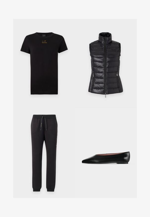 Gilet matelassé noir avec col haut, design matelassé horizontal, fermeture éclair et poches latérales. Fabriqué en matériau brillant et léger.; T-shirt noir à manches courtes en coton. Présente un logo doré imprimé sur la poitrine. Design classique à col rond. Texture douce.; Jogging en noir en coton doux avec une taille élastique et un cordon de serrage. Comprend des poignets côtelés et un texte brodé sur le côté.; Chaussure plate en cuir noir pour femme, avec bout pointu et petit talon, vue de côté sur un fond gris clair uni.