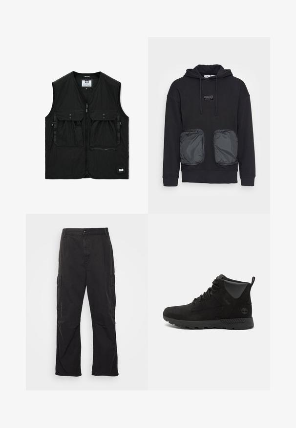 Schwarze ärmellose Weste mit Frontreißverschluss, zwei großen Klappentaschen mit Knöpfen, einer Reißverschlusstasche und einem kleinen Logoaufnäher am Saum.; Schwarzer Kapuzenpullover mit lässiger Passform, ausgestattet mit zwei großen Reißverschlusstaschen aus glänzendem Material auf der Vorderseite. Kleines Logopatch über den Taschen.; Schwarze Cargo-Hose mit geradem Bein, ausgestattet mit zwei Seitentaschen, einem Knopfverschluss und einem strukturierten Stoff.; Schwarze High-Top-Stiefel aus Wildleder und synthetischen Materialien, mit einer strukturierten Oberfläche, Schnürdesign und Gummisohle mit Grip.