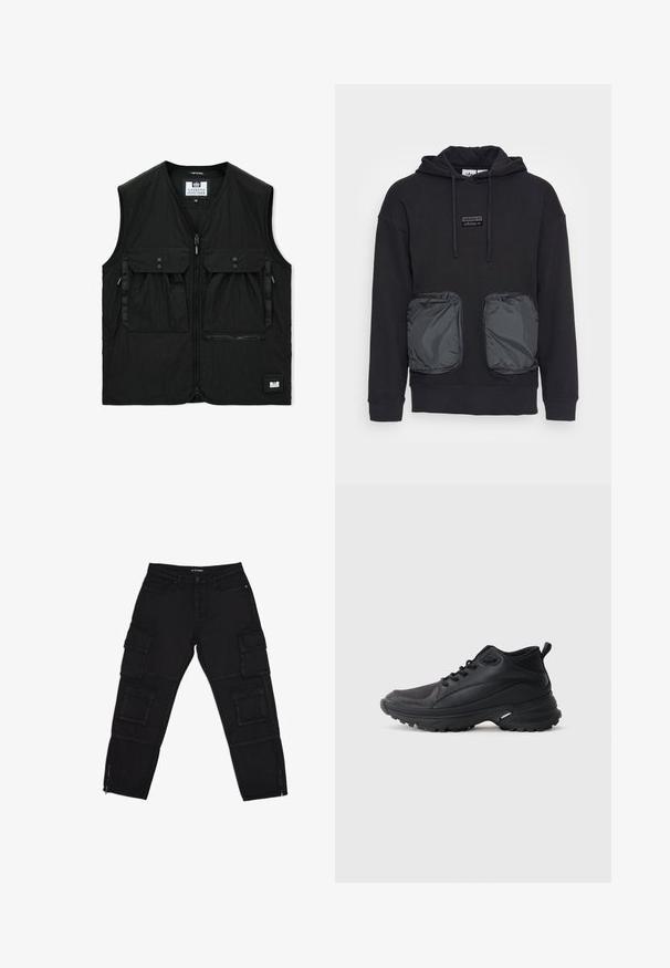 Chaleco negro sin mangas con cremallera frontal, dos grandes bolsillos con solapa y botones, un bolsillo con cremallera y un pequeño parche con el logo en el dobladillo.; Sudadera negra con capucha y corte holgado, con dos grandes bolsillos delanteros con cremallera en un material brillante. Pequeño parche con el logo encima de los bolsillos.; Pantalones cargo negros hechos de tela duradera, con múltiples bolsillos cargo, tobillos con cremallera y piernas rectas con sutiles detalles de costura.; Zapatillas deportivas negras hechas de material sintético. Presentan un cuello acolchado, puntera redonda, suela resistente con tracción y detalle del logo de la marca.