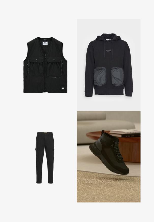 Veste noire sans manches avec fermeture éclair à l'avant, deux grandes poches à rabat avec boutons, une poche zippée et une petite étiquette logo à l'ourlet.; Sweat à capuche noir à coupe décontractée, avec deux grandes poches zippées en matériau brillant à l'avant. Petite écusson logo au-dessus des poches.; Pantalon cargo noir au design slim, avec deux poches latérales et une poche arrière, fabriqué en tissu coton durable.; Baskets montantes noires à lacets flottant au-dessus d'un tapis beige, table ronde en bois avec des livres empilés dans un salon moderne et clair.
