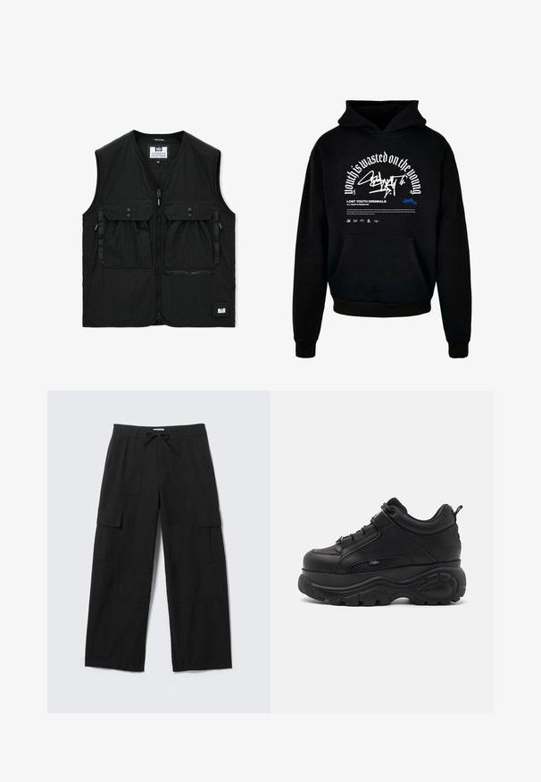 Sort ærmeløs vest med lynlås foran, to store klaplommer med knapper, en lynlåslomme og et lille logopatch ved kanten.; Sort hættetræner med frontlomme. Har hvidt fed skrift og grafisk design. Lavet af blødt stof med ribbede manchetter og kant.; Sorte vidde cargo-bukser med forlommer, lårlommer med klap, bæltestropper og snøre i taljen, lagt fladt på en hvid baggrund.; Svarte lædersneakers med chunky såler, tykk gummisål, slankt design og teksturerede detaljer. Har snørebånd og en pull tab ved hælen.