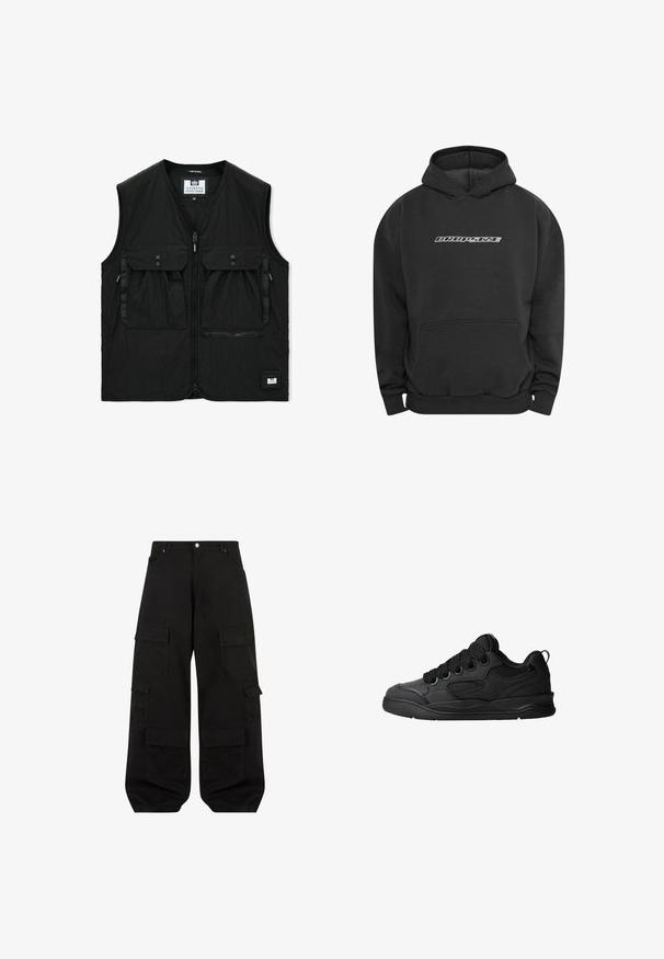 Zwart mouwloos vest met ritssluiting aan de voorkant, twee grote klepzakken met knopen, een ritsvak en een klein logopatch aan de zoom.; Dropsize MOBILE PHONE DESIGN - Hoodie - washedblack; Zwarte cargobroek van duurzame katoen met een relaxte pasvorm. Voorzien van meerdere utilityzakken en een rechte pijpdesign.; Zwarte sneakers met een gestructureerde bovenkant, voorzien van veters, mesh-details voor ademend vermogen, een gevoerd kraagje en een stevige zool.