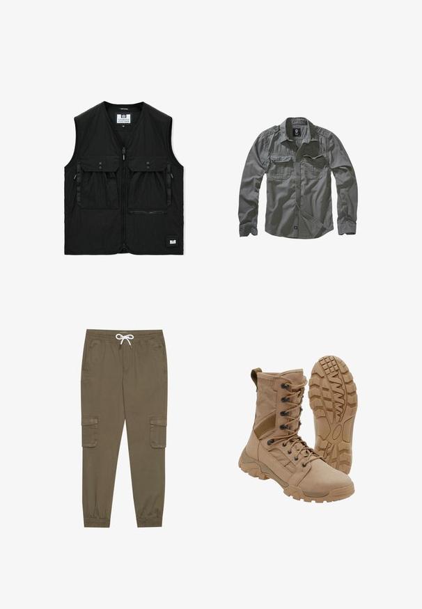 Chaleco negro sin mangas con cremallera frontal, dos grandes bolsillos con solapa y botones, un bolsillo con cremallera y un pequeño parche con el logo en el dobladillo.; Camisa gris de manga larga confeccionada con tela ligera. Cuenta con cierre de botones al frente, dos bolsillos en el pecho y hombreras en los hombros.; Pantalones cargo caqui con cintura elástica y cordón, que cuentan con bolsillos laterales y tobillos ajustados. Fabricados en un material ligero y texturizado.; Bota táctica color beige con diseño de cordones hasta la altura del tobillo y suela de goma resistente, una bota en posición vertical y la otra mostrando el patrón de la suela.