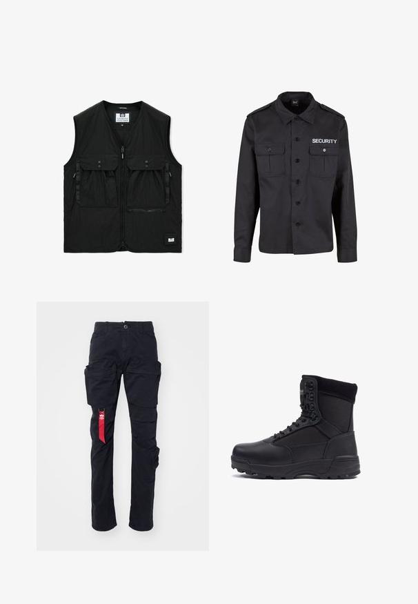 Chaleco negro sin mangas con cremallera frontal, dos grandes bolsillos con solapa y botones, un bolsillo con cremallera y un pequeño parche con el logo en el dobladillo.; Chaqueta de seguridad negra hecha de una mezcla de algodón, con dos bolsillos frontales, cierre de botones y la palabra "SEGURIDAD" impresa en blanco en el pecho.; Pantalones cargo negros con múltiples bolsillos laterales, un pasador para cinturón y una etiqueta de tela roja en el lado izquierdo. Hechos de un material de algodón duradero.; Bota táctica negra con parte superior de piel lisa y paneles de tela, diseño de tobillo alto, cierre con cordones y suela de goma resistente.