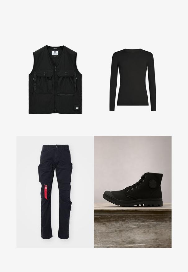 Sort ærmeløs vest med lynlås foran, to store klaplommer med knapper, en lynlåslomme og et lille logopatch ved kanten.; Sort, tætsiddende langærmet T-shirt med rund hals og et diskret Icebreaker-logo på venstre ærme, vist på en hvid baggrund.; Sorte cargo-bukser med flere sidelommer, bæltestrop og et rødt mærke på venstre side. Fremstillet af slidstærkt bomuldsstof.; Sorte høj-top sko med et kanvas ydre, gummitåhætte og tekstureret sål. Har metaløjer og en cirkulær logo detalje på siden.