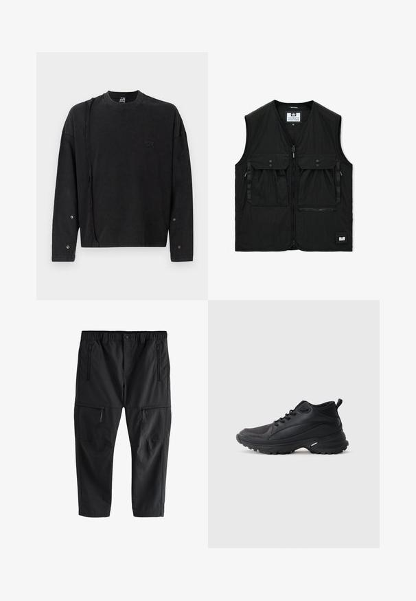 Must musta vest esikattega lukuga, kahe suure nupuga kaantega taskuga, ühe lukuga tasku ja väikese logoplaadiga ääres.; Mustmust pikad käised, laia kaelusega must sweatshirt, mille esiküljel on diskreetne logo ja nopetegaDETAILID varrukatel, valmistatud pehmest kangast.; Mustad cargosärgid elastse vöökoha, nööpidega kinnituse ja nelja lukuga taskuga, kujutatud valgel taustal.; Mustad spordijalatsid, mis on valmistatud sünteetilisest materjalist. Omavad pehmet kraega, ümmargust ninaosa, tugevat tallapinda haardega ning brändilogo detaile.