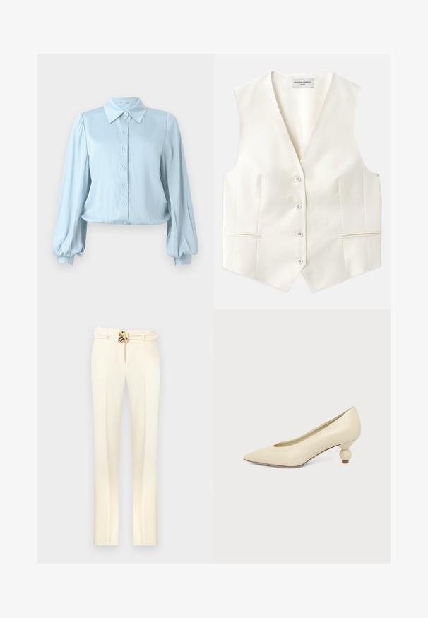 Elfenbeinfarbener Weste aus glattem Stoff, mit tiefem V-Ausschnitt, fünf Knöpfen und zwei Seiten Taschen. Maßgeschneiderter Schnitt mit nahtlosem Finish.; Hofmann Copenhagen FLORA - Hemdbluse - lavender blue; Cremefarbene, maßgeschneiderte Hose mit einem taillierten Gürtel mit goldfarbenen Beschlägen, geraden Beinen und einer glatten, weichen Textur.; Damenpumps in cremefarben mit spitz zulaufender Schuhspitze und niedrigem, kugelförmigem Absatz vor einfarbigem Hintergrund.