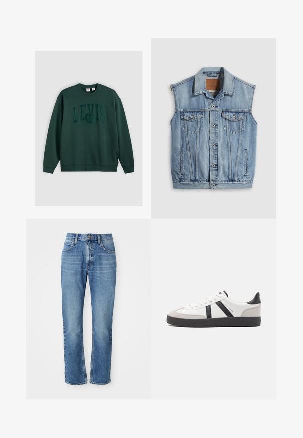 Veste en jean bleu clair avec col pointu, fermeture avant par boutons, deux poches poitrine et poches latérales ; comporte un écusson de marque en cuir.; Sweatshirt vert foncé en coton, avec un grand logo en relief "LEVI'S" centré sur le devant, et des poignets et un ourlet côtelés.; Jean en denim bleu clair, design à jambe droite, avec cinq poches, une fermeture à bouton et des motifs de décoloration légère le long des cuisses et des genoux.; Baskets blanches avec des accents noirs et gris, présentant un embout texturé gris, une semelle en caoutchouc noir et des lacets plats blancs. Design épuré, style minimaliste.