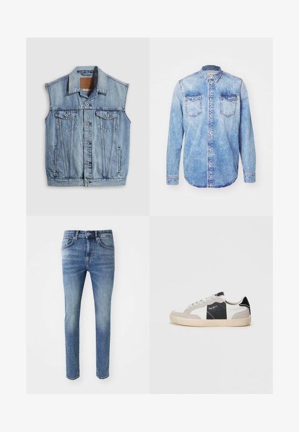 Denimvest in lichtblauw met een puntige kraag, knoopsluiting aan de voorkant, twee borstzakken en zijzakken; voorzien van een lederen merkpatch.; Lichtblauw denim shirt met lange mouwen, button-down kraag, twee borstzakken en contrasterende stiksels. Afgeronde zoom en klassieke pasvorm.; Vervaagde lichtblauwe denim jeans met een slim fit, vijf zakken, een ritssluiting en een metalen knoopsluiting aan de tailleband.; Witte en grijze low-top sneakers van suede en leer. Bevat een zwart accent, witte stiksels en een rubberen zool.