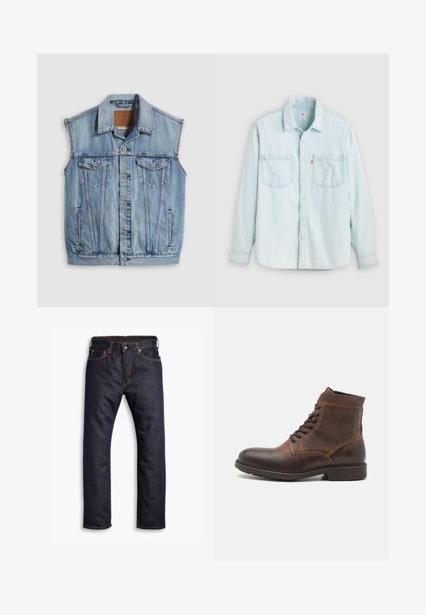 Jeansweste in Hellblau mit spitzem Kragen, vorderer Knopfleiste, zwei Brusttaschen und Seitentaschen; mit Leder-Branding-Patch versehen.; Hellblaues Denim-Langarmhemd mit Knopfleiste vorne, zwei Brusttaschen und Kragen, vor einem einfarbigen hellen Hintergrund gezeigt.; Dunkelblaue gerade geschnittene Jeans aus Denim mit fünf Taschen und orangefarbenen Kontrastnähten, flach auf einem weißen Hintergrund ausgelegt.; Jack & Jones JFWDELANEY BOOT - Schnürstiefelette - cognac