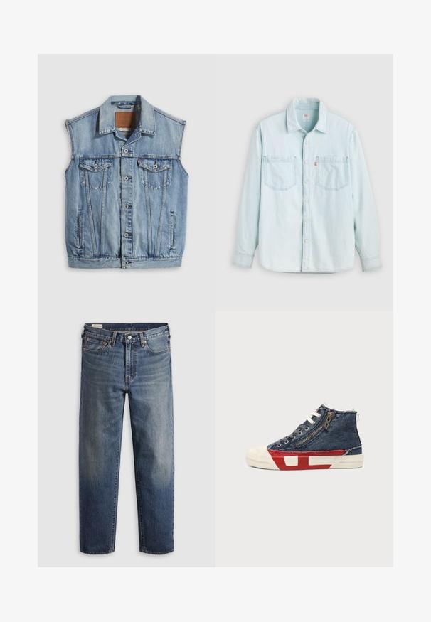 Denimvest in lichtblauw met een puntige kraag, knoopsluiting aan de voorkant, twee borstzakken en zijzakken; voorzien van een lederen merkpatch.; Lichtblauw denim overhemd met lange mouwen, knopen aan de voorkant, twee borstzakken en een kraag, afgebeeld tegen een effen lichte achtergrond.; Donkerblauwe spijkerbroek van denim met een losse pasvorm, rechte pijpen, vijf steekzakken en subtiele vervaging op de dijen. Zilveren knoop en klinknagels.; High-top sneaker met blauwe denimstof, witte veters, zijrits en rood-wit zoolontwerp op een effen achtergrond.