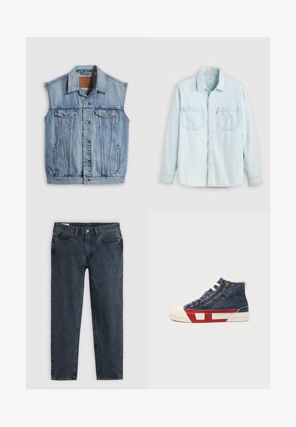 Jeansweste in Hellblau mit spitzem Kragen, vorderer Knopfleiste, zwei Brusttaschen und Seitentaschen; mit Leder-Branding-Patch versehen.; Hellblaues Denim-Langarmhemd mit Knopfleiste vorne, zwei Brusttaschen und Kragen, vor einem einfarbigen hellen Hintergrund gezeigt.; Dunkelblaue Denim-Jeans mit geradem Bein, fünf Taschen und einem Knopfverschluss. Subtile Ausbleichungen verleihen dem Stoff Textur.; High-Top-Sneaker aus blauem Denim-Stoff, weiße Schnürsenkel, seitlicher Reißverschluss und rot-weißes Sohlen-Design auf einfarbigem Hintergrund.