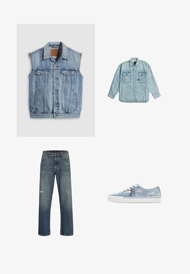 Jeansweste in Hellblau mit spitzem Kragen, vorderer Knopfleiste, zwei Brusttaschen und Seitentaschen; mit Leder-Branding-Patch versehen.; Hellblaue Jeans-Hemd mit langen Ärmeln, Kragen, durchgehender Knopfreihe vorne und zwei mit Knöpfen verschließbaren Brusttaschen auf weißem Hintergrund.; Blaue Jeans aus Denim mit geradem Bein, featuring leichte Abnutzungsspuren, einem Standardbund mit Knopfverschluss und fünf Taschen.; Niedriger Sneaker aus hellblauem Denim mit weißer Gummisohle, weißen Schnürsenkeln und dekorativen Anhängern, die an den seitlichen Ösen hängen.