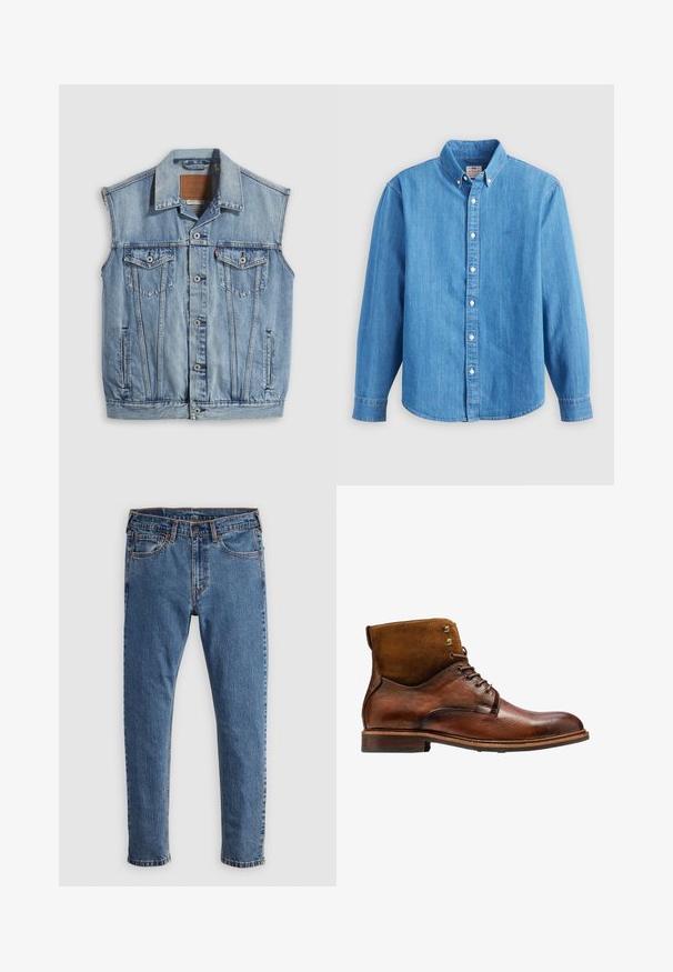 Denimvest in lichtblauw met een puntige kraag, knoopsluiting aan de voorkant, twee borstzakken en zijzakken; voorzien van een lederen merkpatch.; Lichtblauw denim overhemd met lange mouwen, button-down kraag en witte knopen. Heeft een klein geborduurd logo op de borst.; Blauwe denim jeans met een rechte snit, vijf zakken, oranje stiksels en een klassieke knoop- en ritssluiting. Versleten textuur langs de benen.; Kazar ALID - Veterboots - brown