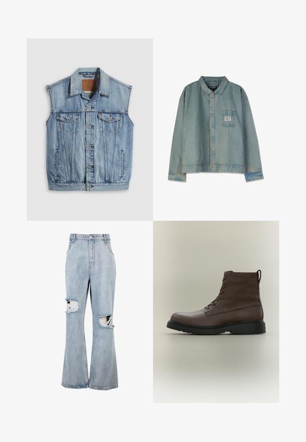 Denimvest in lichtblauw met een puntige kraag, knoopsluiting aan de voorkant, twee borstzakken en zijzakken; voorzien van een lederen merkpatch.; Lichtblauwe spijkerjacket met een puntige kraag, lange mouwen, borstzak en zichtbare stiksels; relaxte pasvorm en versleten textuur.; Lichtblauwe denim spijkerbroek met een hoge taille en brede pijpen, met opvallende versleten gaten op beide knieën en rafelige randen rond de scheuren.; Bruine leren veter-enkellaars met zwarte rubberen zool, ronde neus en trek-lus aan de achterkant, zijaanzicht op neutrale achtergrond.