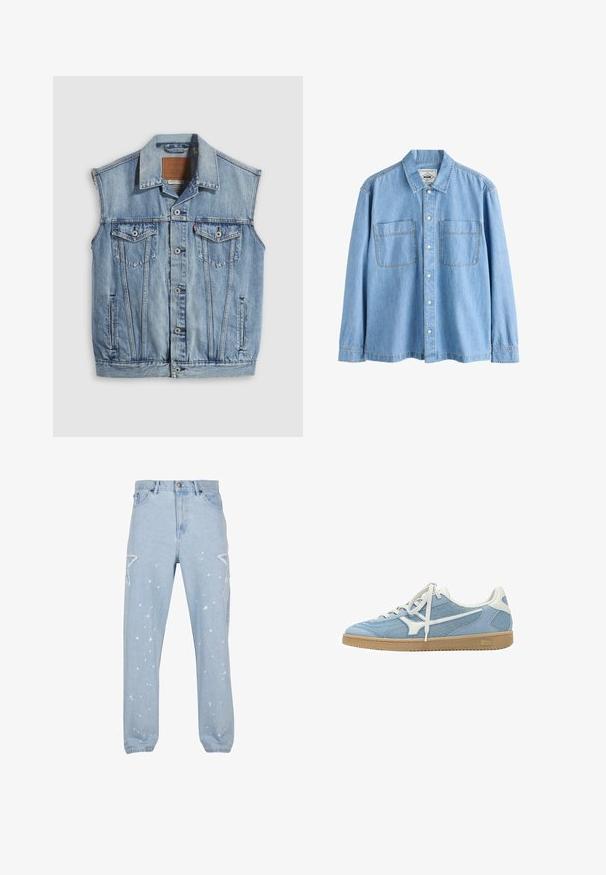 Denimvest i lyseblå med spidse krave, knapper foran, to brystlommer og sidelommer; har et lædermærke med mærket.; Lyseblå denimskjorte med lange ærmer, knaplukning foran og to brystlommer, vist på hvid baggrund.; Lysblå denim jeans med en afslappet pasform, der har stjerneformede udsparinger, malersplatter og et klassisk fem-lomme-design.; Lyseblå og hvide lave sneakers med mesh og ruskindsoverdel, hvide snørebånd og gummisål.