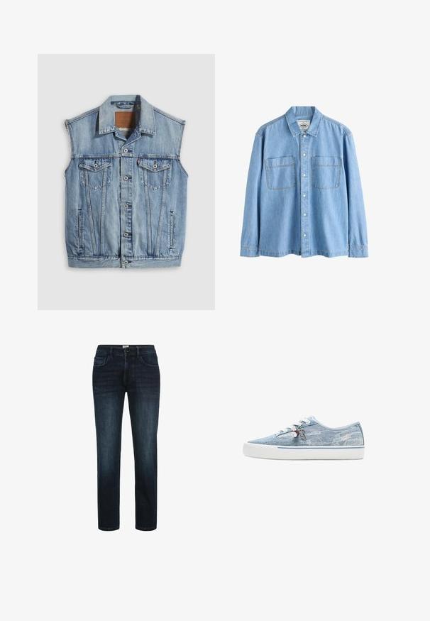 Denimvest i lyseblå med spidse krave, knapper foran, to brystlommer og sidelommer; har et lædermærke med mærket.; Lyseblå denimskjorte med lange ærmer, knaplukning foran og to brystlommer, vist på hvid baggrund.; Mørk vaskede denimjeans med lige ben, der har fem lommer, knaplukning og subtil fading langs lårene.; Lavtopet sneaker i lyseblåt denim med hvid gummisål, hvide snørebånd og dekorative charms, der hænger fra de sideplacerede snørehuller.