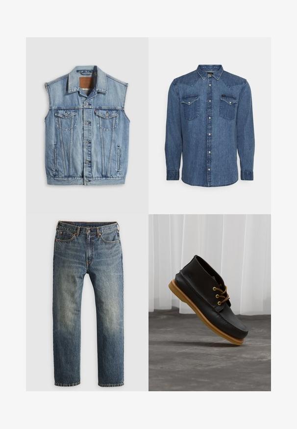 Denimvest i lyseblå med spidse krave, knapper foran, to brystlommer og sidelommer; har et lædermærke med mærket.; Blå denimskjorte med lange ærmer, to brystlommer og trykknapper, vist på en enkel, lys baggrund.; Blå, falmede lige ben denim jeans med forlommer, bæltestropper, knap og lynlås lukning på en lys baggrund.; Sorte lædersko med en glat overflade, rund tå, brune snørebånd og lysebrune gummisåler. Logo præget på siden.
