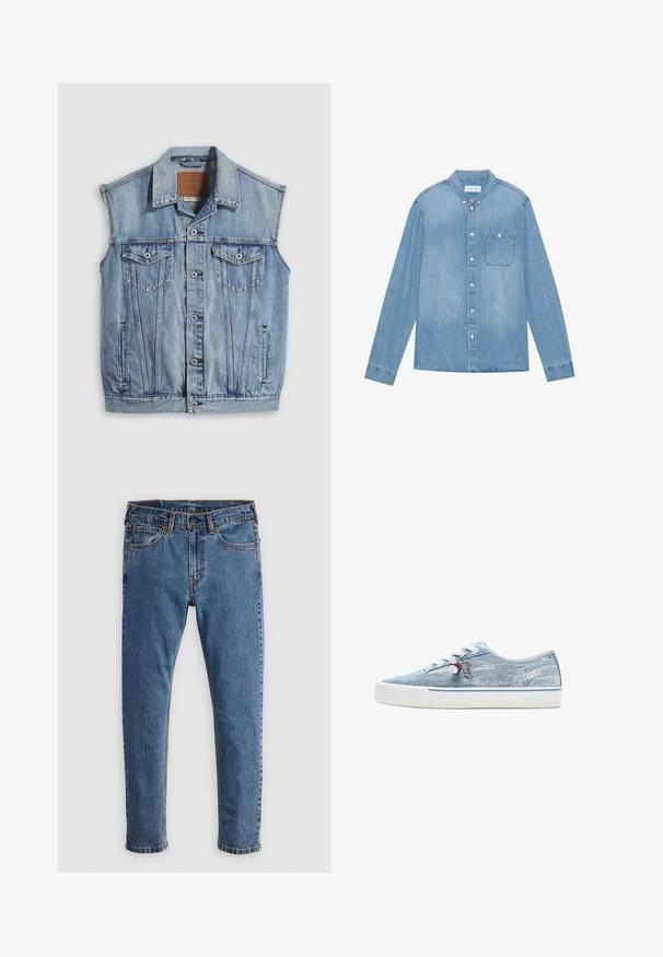 Denimvest i lyseblå med spidse krave, knapper foran, to brystlommer og sidelommer; har et lædermærke med mærket.; Lys blå denim skjorte med knapper, lange ærmer, spids krave, en enkelt brystlomme og subtil falmning på stoffet.; Blå denim jeans med lige skæring, fem lommer, orange syninger og en klassisk knap- og lynlåslukning. Slidt tekstur langs benene.; Lavtopet sneaker i lyseblåt denim med hvid gummisål, hvide snørebånd og dekorative charms, der hænger fra de sideplacerede snørehuller.