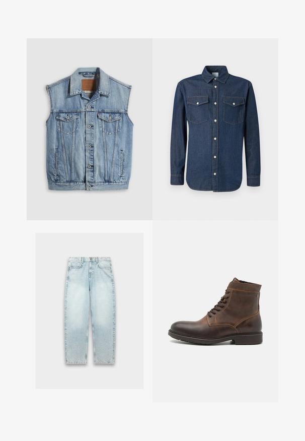 Denimvest i lyseblå med spidse krave, knapper foran, to brystlommer og sidelommer; har et lædermærke med mærket.; Mørkeblå denimskjorte med klassisk krave, lange ærmer og to brystlommer. Har hvide knapper og kontrastsying.; Lyseblå denimjeans med løs pasform, lige ben, falmet tekstur, fem-lomme design og metalknaplukning i taljen.; Jack & Jones JFWDELANEY BOOT - Snørestøvletter - cognac