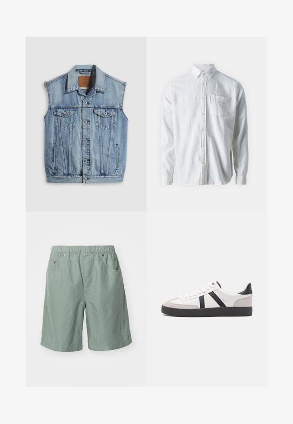 Chaleco vaquero en azul claro con cuello puntiagudo, cierre frontal con botones, dos bolsillos en el pecho y bolsillos laterales; cuenta con una etiqueta de cuero con la marca.; Camisa blanca de manga larga tipo botón en tela transpirable, con cuello clásico, cierre de botones y un bolsillo en el pecho.; Pantalones cortos de color verde claro hechos de tela texturizada con una cinturilla elástica, que cuentan con dos bolsillos laterales y detalles de costura mínimos.; Zapatilla blanca con acentos en negro y gris, que presenta una puntera texturizada en gris, suela de goma negra y cordones planos blancos. Diseño limpio, estilo minimalista.